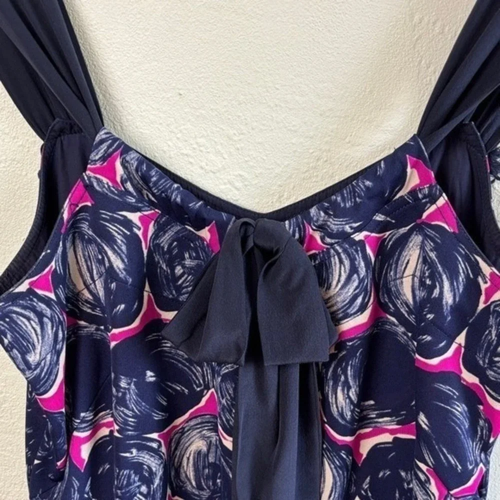 Tory Burch Silk Knit Sleeveless Dress Navy Pink‎ Floral Womens Size M Bow Fringe